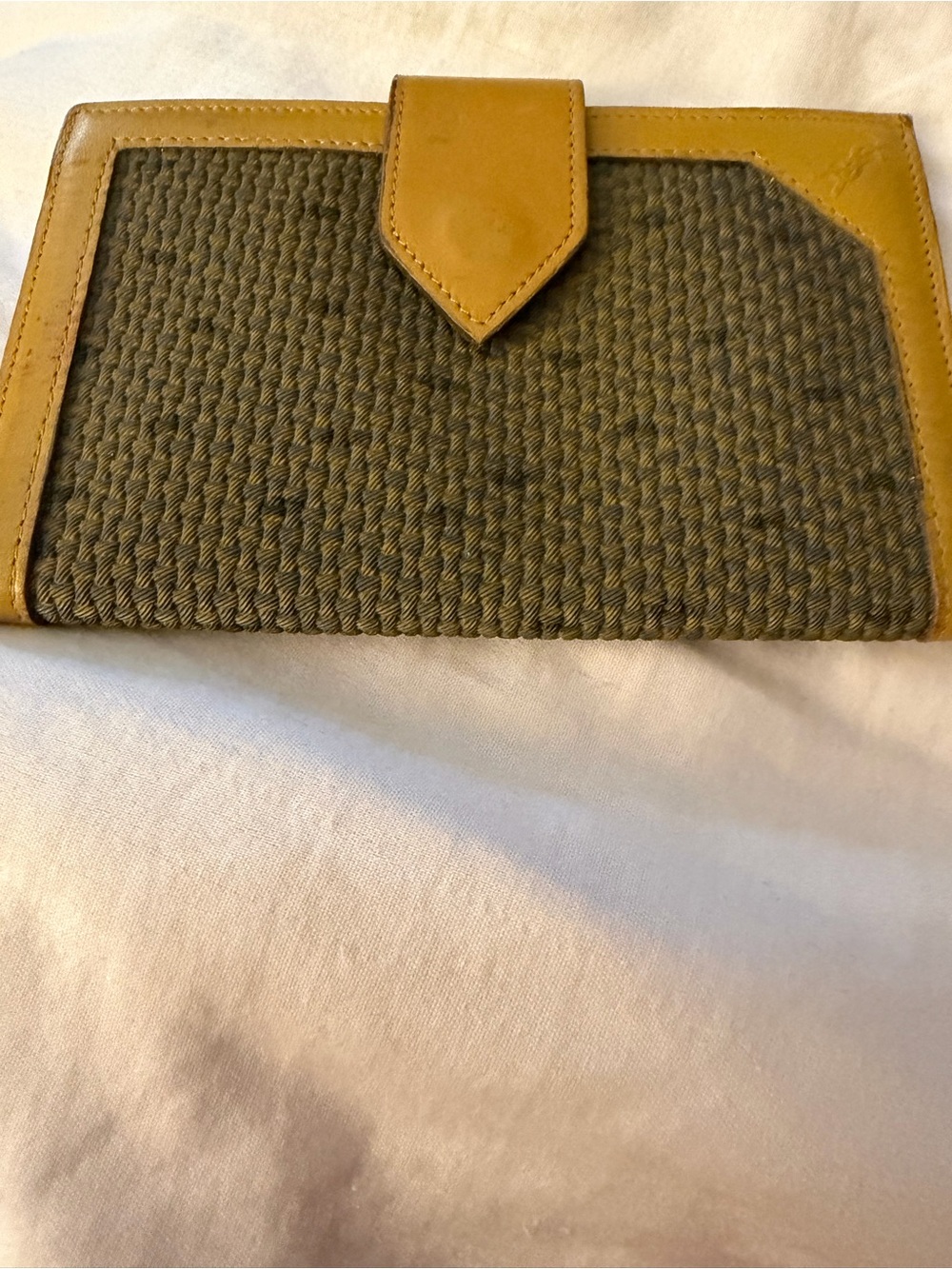 Yves Saint Laurent Olive Woven and Tan Leather Wallet Clutch